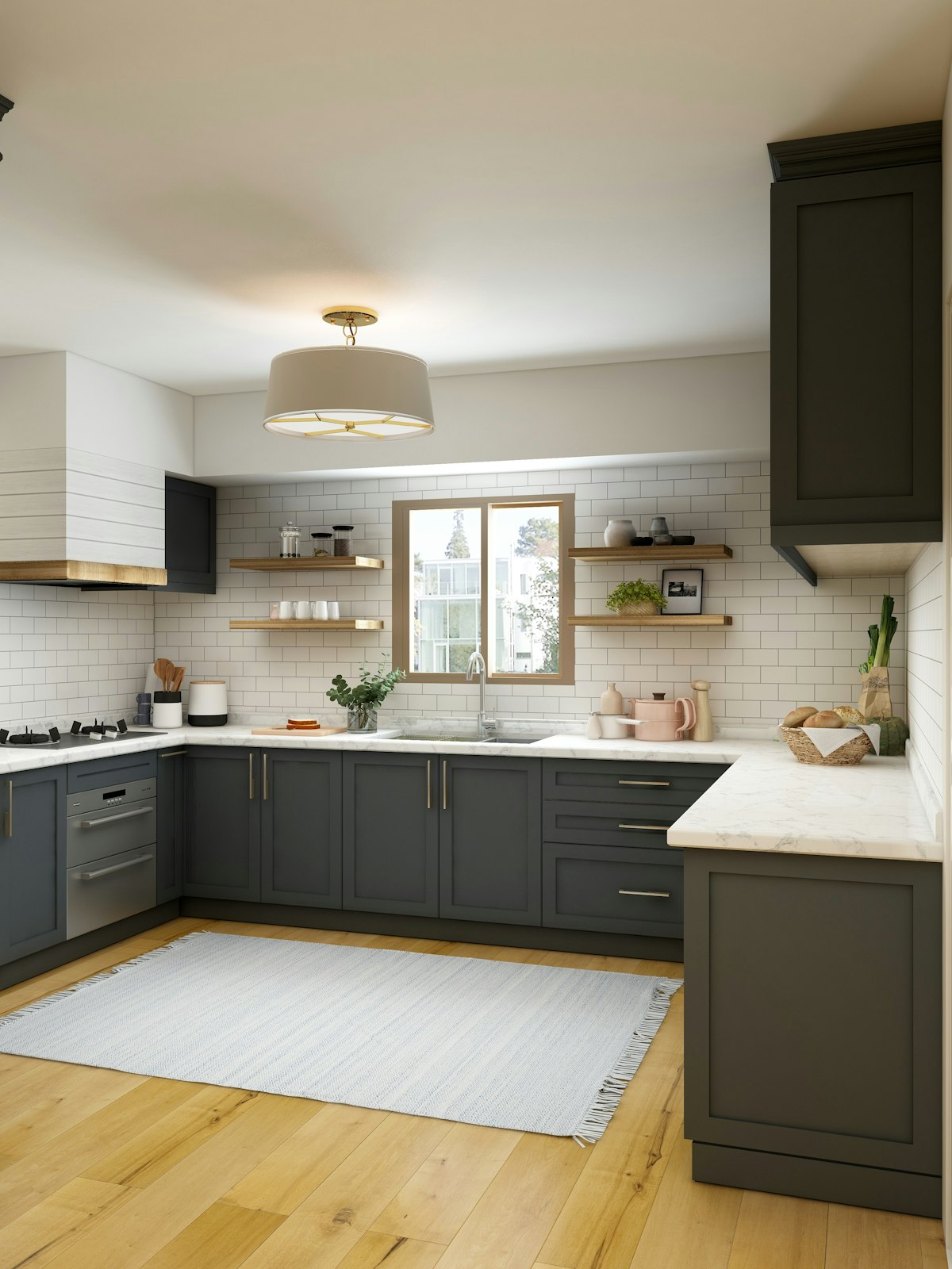 Cuisine grise avec îlot en marbre — style villa azuréenne, visuel d'illustration