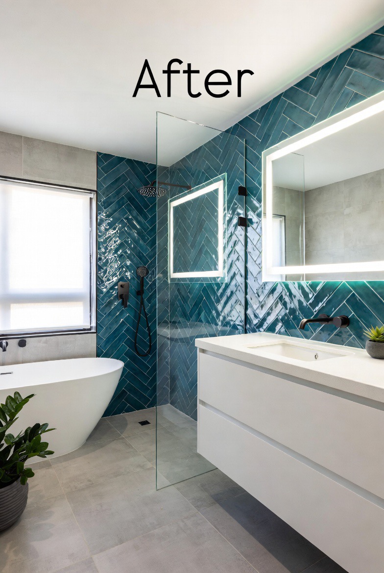 Salle de bains après rénovation : douche à l'italienne, carrelage chevron et vasque suspendue