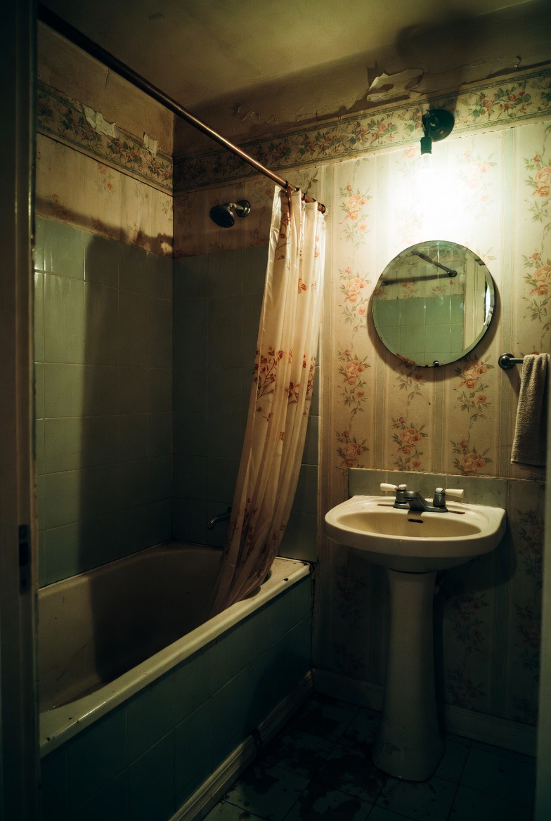 Salle de bains avant rénovation : revêtements vétustes et papier peint daté